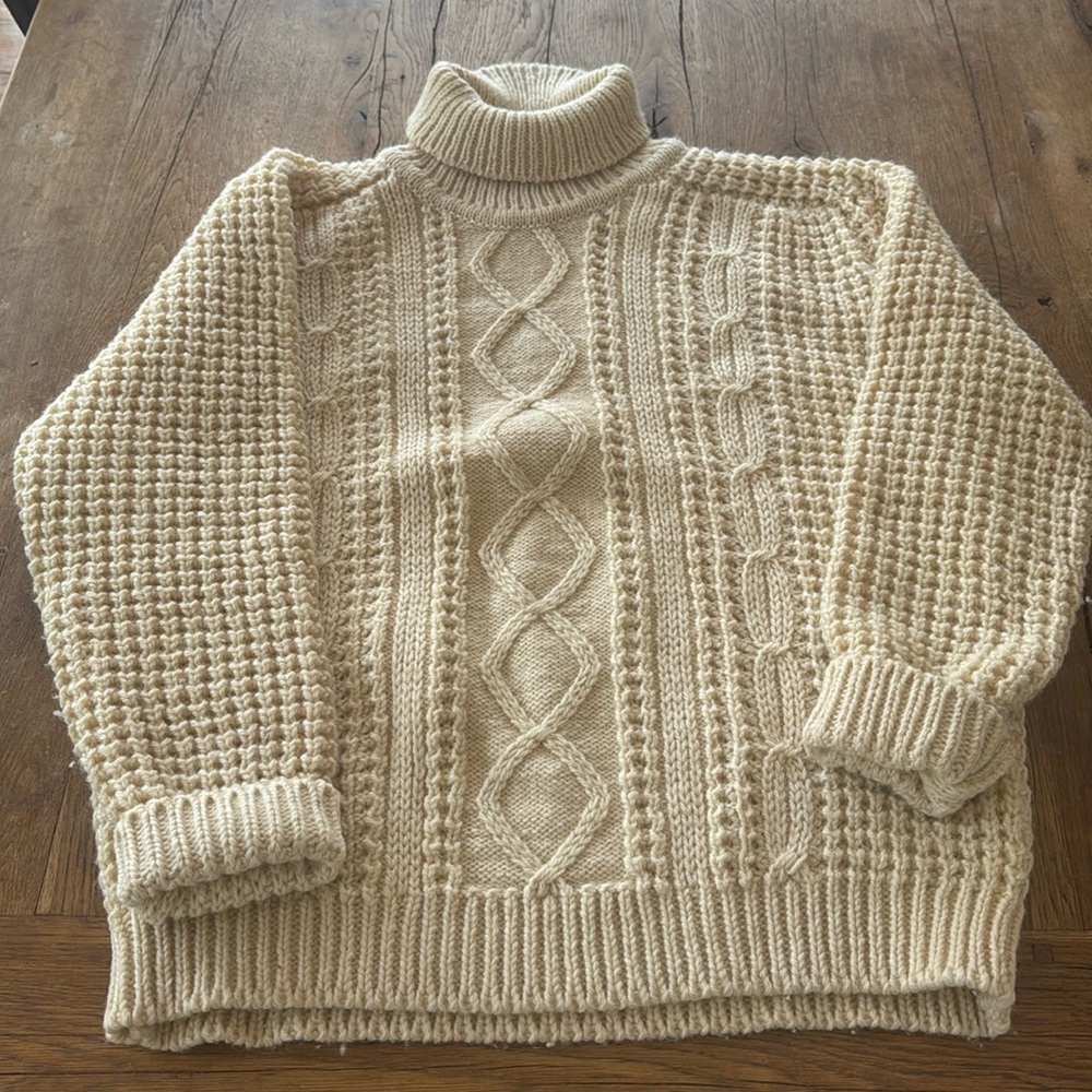 Vintage Falcarragh Irish Wool Cable Knit Turtleneck Sweater Fisherman Cream XL